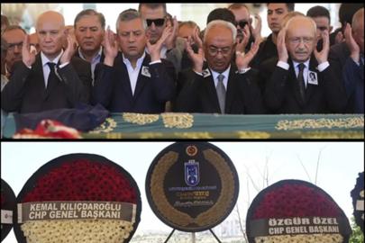 1 PARTİ, 2 GENEL BAŞKAN: Cenaze töreninde yan yana konulan çelenkler dikkat çekti