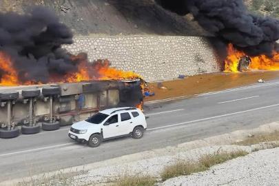 Siirt’te şeftali konsantresi yüklü tır alev aldı: Sürücü yaralandı