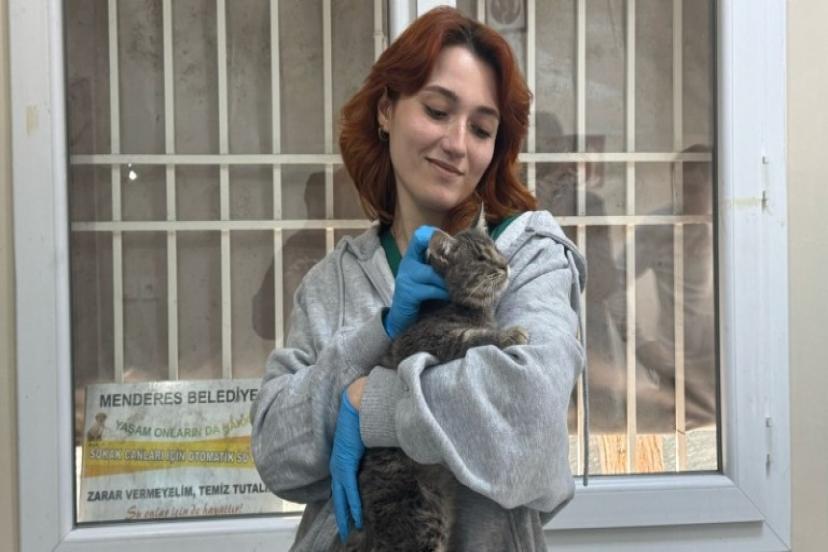 Menderes’te görme engelli kediye, tedavisini yapan veterinerin ismi verildi